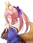  1girl animal_ear_fluff animal_ears blue_bow blue_kimono bow closed_eyes detached_sleeves fate/extra fate/grand_order fate_(series) fox_ears fox_girl fox_tail hair_bow haryuu_(poetto) highres japanese_clothes kimono long_hair pink_hair solo tail tamamo_(fate)_(all) tamamo_no_mae_(fate) twintails upper_body 