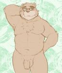  2021 anthro balls blush brown_body brown_fur eyewear flaccid fur genitals glasses goujuyu hi_res kemono male mammal musclegut penis solo tokyo_afterschool_summoners ursid video_games volos 