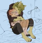  2019 4_toes anthro bed bedroom blonde_hair blue_eyes blush bovid canid canine canis caprine clothed clothing duo embrace eyes_closed feet fully_clothed fur furniture green_body green_fur hair head_down hermes_(sunlessnite) hoodie hooves horn hug hugging_from_behind inside lamp male male/male mammal multicolored_body multicolored_fur on_lap phone sitting sitting_on_bed sitting_on_lap smile spooning sunlessnite toes topwear travis_(sunlessnite) unfinished watermark wolf 