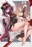  1girl bangs barefoot black_headwear blush breasts brown_hair feet flower genshin_impact hat hat_flower highres hu_tao long_hair looking_at_viewer melailai plum_blossoms red_eyes small_breasts suggestive_fluid symbol-shaped_pupils toenail_polish toes twintails very_long_hair 
