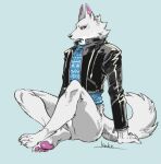  absurd_res animal_crossing bottomless canid canine canis clothed clothing fang_(animal_crossing) fur grey_body grey_fur hi_res jacket kuku_hayate leather leather_clothing leather_jacket leather_topwear looking_at_viewer male mammal nintendo pawpads simple_background sitting solo topwear video_games wolf 