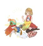  1girl bangs bare_arms blue_ribbon blush box brown_legwear closed_eyes collarbone commentary_request eraser eyebrows_visible_through_hair eyelashes gen_6_pokemon harvest88 hawlucha highres holding light_brown_hair neck_ribbon needle open_mouth paper pencil pokemon pokemon_(anime) pokemon_(creature) pokemon_xy_(anime) ribbon serena_(pokemon) sewing_needle short_hair sitting sleeveless_duster smile sparkle thighhighs wariza 