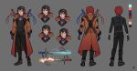  apoloniodraws character_sheet electricity fire gloves highres jewelry multicolored_hair necklace original purple_eyes purple_gloves sword sword_behind_back trench_coat weapon 