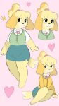  &lt;3 2020 9:16 :3 animal_crossing anthro biped bottomwear brown_eyes canid canine canis clothing digital_media_(artwork) domestic_dog female fur green_bottomwear green_clothing green_skirt green_topwear green_vest hi_res isabelle_(animal_crossing) looking_aside mammal multiple_images nintendo paws pink_background puppychan48 shih_tzu shirt simple_background sitting skirt smile solo standing topwear toy_dog video_games white_clothing white_shirt white_topwear yellow_body yellow_clothing yellow_fur yellow_shirt yellow_topwear 