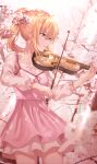  1girl absurdres ahoge bangs blonde_hair blue_eyes cherry_blossoms collarbone commentary_request cowboy_shot day highres holding holding_instrument huge_filesize instrument long_hair long_sleeves looking_away looking_to_the_side miyazono_kawori music outdoors petals pink_skirt playing_instrument ponytail ribbon shigatsu_wa_kimi_no_uso shirt skirt solo tokkyu violin 