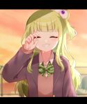  1girl bangs blazer bow crying eyeball_hair_ornament facing_viewer green_bow green_hair hair_bobbles hair_ornament hand_up highres jacket letterboxed long_hair long_sleeves original osanai_(shashaki) otoko0826 outdoors school_uniform solo sunset tears upper_body 