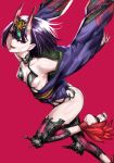  1girl anuttsuii ass bare_shoulders barefoot breasts eyeliner fate/grand_order fate_(series) hair_ornament highres horns japanese_clothes kimono looking_at_viewer makeup oni oni_horns pink_background purple_eyes purple_hair short_hair shuten_douji_(fate) simple_background slit_pupils solo 