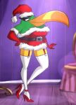  agri_birds angry_birds anthro avian bird christmas christmas_clothing christmas_headwear clothing crossgender female fur green_body green_fur hal_(angry_birds) hat headgear headwear high_heels holidays long_beak santa_hat sasha_(angry_birds) screencap solo unknown_artist video_games 