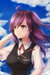  1girl absurdres ahoge black_vest blue_sky breasts cloud day gloves hagikaze_(kancolle) highres kantai_collection long_hair neck_ribbon one_side_up purple_eyes purple_hair red_ribbon ribbon seiya_(iiseven) shirt short_sleeves sky small_breasts smile solo upper_body vest white_gloves white_shirt 