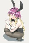  1girl ahoge alternate_eye_color animal_ears bangs bare_shoulders black_leotard black_nails black_neckwear blonde_hair blush bow bowtie breasts bunny_ears bunny_tail cleavage commentary_request detached_collar embarrassed fake_animal_ears fake_tail flying_sweatdrops gradient_hair hair_between_eyes half-closed_eyes highres hijiri_byakuren leotard long_hair looking_past_viewer medium_breasts multicolored_hair nail_polish nekobatake outline playboy_bunny purple_hair revision sheer_legwear shiny shiny_clothes shiny_hair shiny_legwear shiny_skin sidelocks simple_background solo squatting strapless strapless_leotard tail tan_background thighs tiptoes touhou very_long_hair wrist_cuffs yellow_eyes 
