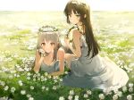  2girls anmi bangs bare_shoulders barefoot blush braid breasts brown_eyes brown_hair cleavage closed_mouth collarbone commentary_request day dress eyebrows_visible_through_hair field flower flower_bracelet flower_wreath foot_up full_body green_eyes hand_on_own_cheek hand_on_own_face head_wreath highres holding long_hair looking_at_viewer lying medium_breasts multiple_girls on_grass on_ground on_stomach original outdoors silver_hair sitting sleeveless sleeveless_dress smile spring_(season) strap_slip sundress sunlight very_long_hair white_dress white_flower yokozuwari 