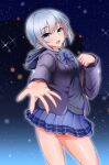  1girl :d bangs blue_bow blue_eyes blue_skirt bow hand_up hood hood_down jacket long_sleeves looking_at_viewer open_mouth original otomore_(shashaki) outstretched_hand short_hair silver_hair simple_background skirt smile solo taw_(t765p) 