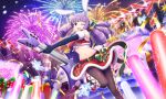 1girl animal_ears artist_request bell bikini blush breasts bunny_ears bunny_tail christmas christmas_present chuchu_(show_by_rock!!) drill_hair eyebrows_visible_through_hair fireworks fishnet_legwear fishnets guitar hair_bell hair_ornament instrument long_hair looking_at_viewer navel official_art one_eye_closed open_mouth purple_eyes purple_hair santa_bikini santa_dress shiny shiny_hair show_by_rock!! smile solo swimsuit tail underboob 