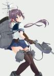  1girl adapted_turret akebono_(kancolle) bell black_legwear blue_sailor_collar blue_skirt brown_gloves cannon choker feet_out_of_frame flower gloves grey_background grey_hair hair_bell hair_flower hair_ornament highres jingle_bell kantai_collection long_hair machinery ochikata_kage pleated_skirt purple_eyes remodel_(kantai_collection) sailor_collar school_uniform serafuku short_sleeves side_ponytail simple_background skirt smokestack solo thighhighs turret very_long_hair 