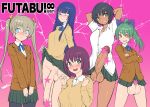  5girls aihara_ai april_fools arms_behind_head asakura_mao bangs black_hair blazer blue_eyes blue_hair blush bosshi brown_eyes censored crossed_arms erection eyebrows_visible_through_hair flaccid futabu futanari glasses green_hair grin huge_penis huge_testicles itou_aya jacket lifted_by_self light_brown_hair long_hair long_sleeves multiple_girls niimura_akane one_eye_closed oohashi_sumika open_mouth penis pink_background purple_eyes role_reversal school_uniform short_hair skirt skirt_lift smile testicles twintails 