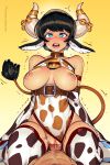  1boy 1girl animal_ears animal_print bangs bbc-chan bell black_hair blue_eyes blush borrowed_character breasts breasts_outside cow_print cowbell detached_sleeves hetero highres horns large_breasts nipples open_mouth original penis pov pussy sex short_hair solo_focus straddling tail teeth thighhighs trembling uncensored vaginal wide_sleeves 
