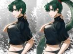  1girl alternate_hair_length alternate_hairstyle april_fools black_panties black_shirt bob_cut breasts delsaber earrings fire_emblem fire_emblem:_the_blazing_blade green_eyes green_hair hand_on_own_neck highres jewelry long_hair looking_to_the_side lyn_(fire_emblem) panties ponytail shirt short_hair underwear 