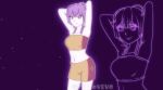  1girl afterimage alternate_costume armpits arms_up artist_name bandeau bangs bare_shoulders bernadetta_von_varley breasts cirno_vevo commentary cowboy_shot fire_emblem fire_emblem:_three_houses highres me!me!me! medium_breasts midriff navel parody purple_background purple_eyes purple_hair short_hair_with_long_locks shorts smile solo standing stomach strapless tubetop twitter_username 