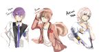  3boys absurdres adriani_yofie airani_iofifteen airani_iofifteen_(artist) ananda_wisnu animal_ears ayunda_risu bangs blonde_hair blue_hair blue_neckwear brown_cardigan brown_hair cardigan character_name collarbone collared_shirt genderswap genderswap_(ftm) gradient_hair highres holding holding_pen hololive hololive_indonesia looking_at_viewer male_focus mamank_hoshinov moona_hoshinova multicolored_hair multiple_boys necktie one_eye_closed overalls paint_on_face pen pink_hair purple_hair shirt short_hair smile squirrel_boy squirrel_ears squirrel_tail tail virtual_youtuber white_background 