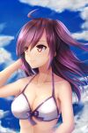  1girl absurdres ahoge bikini blue_sky breasts cloud day front-tie_bikini front-tie_top hagikaze_(kancolle) highres kantai_collection long_hair one_side_up purple_eyes purple_hair seiya_(iiseven) sky small_breasts smile solo swimsuit upper_body white_bikini 