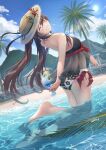  1girl ;d absurdres ass bare_arms bare_shoulders barefoot beach bikini blue_sky blush breasts brown_hair cloud cloudy_sky cup day drinking_glass feet floral_print flower frilled_bikini frills from_side genshin_impact hat highres holding holding_cup hu_tao long_hair looking_at_viewer looking_back one_eye_closed open_mouth outdoors partially_submerged red_eyes sky smile solo straw_hat summer sun swimsuit swimwear symbol-shaped_pupils tank_ryousaku teeth tree twintails water 