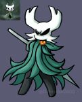  angry antlers black_body black_skin clothing dimpster fan_character fecharis green_clothing hi_res hollow_knight horn leaf male melee_weapon polearm robe simple_background solo spear team_cherry vessel_(species) video_games weapon 
