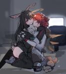  2girls animal_ears arknights ass_grab black_coat black_gloves black_legwear blush brown_eyes brown_hair bunny_ears chinese_commentary clenched_teeth closed_eyes coat commentary_request detached_wings doctor_(arknights) energy_wings exusiai_(arknights) female_doctor_(arknights) gloves halo hand_on_another&#039;s_head holding_hands indoors interlocked_fingers kiss kneeling long_hair long_sleeves multiple_girls neck_kiss off_shoulder on_floor one_eye_closed open_clothes open_coat red_hair short_hair sitting sketch stuffed_animal stuffed_bunny stuffed_penguin stuffed_toy teeth television thighhighs tianye_toshi wings yuri 