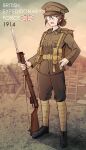  1girl absurdres bayonet boots breast_pocket brown_hair brown_pants brown_shirt dirt english_text glasses green_eyes gun hair_between_eyes hand_on_hip highres lee-enfield looking_at_viewer military military_uniform nico_jiang original pants pocket pouch rifle shirt solo trench uniform union_jack weapon 