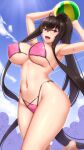  1girl armpits arms_up ball bangs beachball black_hair blue_sky blush bodypaint breasts exhibitionism highres kurochijo large_breasts long_hair looking_at_viewer naked_paint navel nipples nude open_mouth original paint ponytail red_eyes shuugetsu_karasu sidelocks sky smile thighs very_long_hair 