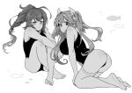  2girls ahoge ass bangs barefoot breasts closed_mouth crossed_legs eyebrows_visible_through_hair fish flower-shaped_pupils fujinoki_(horonabe-ken) greyscale hair_ornament hair_ribbon i-168_(kancolle) i-19_(kancolle) kantai_collection large_breasts long_hair low-tied_long_hair monochrome multiple_girls one-piece_swimsuit ponytail ribbon simple_background sitting swimsuit thighhighs tri_tails x_hair_ornament 