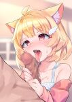  1boy 1girl absurdres animal_ears bangs blonde_hair blurry blurry_background blush cat_ears censored copyright_request erection eyebrows_visible_through_hair fellatio hair_ornament handjob hetero highres licking licking_penis long_sleeves mosaic_censoring open_mouth oral penis precum red_eyes short_hair solo_focus sutora_binsuke tongue tongue_out two-handed_handjob 