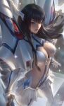  1girl artist_name bakuzan black_hair blue_eyes breasts cleavage elbow_gloves gloves highres holding holding_sword holding_weapon impossible_clothes junketsu kamui_(kill_la_kill) kill_la_kill kiryuuin_satsuki lips logo long_hair looking_at_viewer raikoart revealing_clothes signature star_(symbol) sword weapon white_gloves white_legwear 