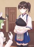  1boy 2girls admiral_(kancolle) april_fools big_belly black_legwear blue_hakama blush brown_eyes brown_hair closed_mouth dated door eyebrows_visible_through_hair food food_on_face full_stomach gloves green_hair hair_between_eyes hakama hakama_skirt hat japanese_clothes kabocha_torute kaga_(kancolle) kantai_collection long_hair long_sleeves military military_uniform multiple_girls muneate naval_uniform open_mouth peaked_cap peeking_out pudding remodel_(kantai_collection) short_hair side_ponytail spoon tasuki thighhighs twitter_username uniform white_gloves zuikaku_(kancolle) 