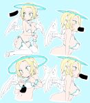  1girl angel angel_wings blonde_hair blue_background blush breasts disembodied_penis doodle fellatio green_eyes halo highres ls-lrtha medium_breasts open_mouth oral original paizuri penis pointy_ears simple_background sitting thighhighs toeless_legwear tongue tongue_out wings 