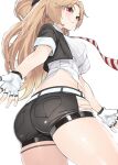  1girl ass azur_lane black_shorts blonde_hair breasts cleveland_(azur_lane) fingerless_gloves from_below gloves long_hair medium_breasts necktie ootani_nonno red_eyes shirt short_sleeves shorts simple_background skindentation smile solo striped striped_neckwear white_background white_gloves white_shirt 