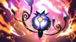  absurdres blurry chandelure commentary fire from_below gen_5_pokemon glowing glowing_eyes higa-tsubasa highres no_humans pokemon pokemon_(creature) solo yellow_eyes 