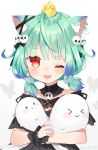  1girl absurdres ahoge animal_ear_fluff animal_ears bangs bare_shoulders bird black_choker black_dress blue_hair blush bow brooch cat_ears chick choker detached_collar detached_sleeves dress ear_piercing earrings extra_ears eyebrows_visible_through_hair frilled_straps ghost gothic_lolita gradient_hair green_hair hair_ornament highres holding hololive hololive_fantasy jewelry lolita_fashion looking_at_viewer low_twintails multicolored_hair noi_mine off-shoulder_dress off_shoulder one_eye_closed open_mouth piercing piyoko_(uruha_rushia) red_eyes ribbon see-through short_hair short_twintails skull_earrings skull_hair_ornament smile solo twintails uruha_rushia virtual_youtuber white_background 