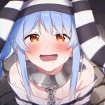  1girl bangs bare_shoulders blue_hair blush braid breasts chain collar eyebrows_visible_through_hair hat highres hikimayu hololive horizontal_stripes indoors looking_at_viewer open_mouth orange_eyes prison_clothes shirt short_eyebrows sidelocks small_breasts solo striped twin_braids usada_pekora virtual_youtuber yotsugi 