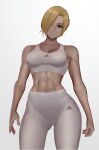  1girl abs absurdres adidas annie_leonhardt bangs blonde_hair blue_eyes breasts hair_over_one_eye highres looking_down muscular muscular_female shingeki_no_kyojin simple_background solo sports_bra sportswear thick_thighs thighs toned white_background zaki_(zaki_btw) 