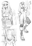  2021 absurd_res accessory anthro armband aruurara bangs book bookshelf bottomwear breasts clothed clothing collar dress female floppy_ears footwear furniture hair_accessory hair_tie hairband hi_res lagomorph leaning leaning_forward leporid line_art long_ears mammal monochrome rabbit sandals shorts side_view sketch slightly_chubby smile socks solo step_pose textless tight_clothing toeless_footwear toeless_socks 