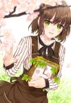  amamiya_chiharu analog_clock brown_hair cherry_blossoms clock flower green_eyes holding leaf original outdoors short_hair wall_clock 