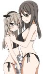  2girls ;) bangs bikini black_bikini black_ribbon blush boko_(girls_und_panzer) brown_eyes brown_hair closed_mouth commentary eyebrows_visible_through_hair flat_chest frown girls_und_panzer hair_ribbon hand_in_another&#039;s_hair highres holding holding_stuffed_toy light_brown_hair long_hair looking_at_another medium_hair mika_(girls_und_panzer) multiple_girls no_hat no_headwear one_eye_closed one_side_up ribbon ruruepa shimada_arisu side-tie_bikini smile standing string_bikini stuffed_animal stuffed_toy swimsuit teddy_bear 