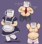  belly bottomwear cartoon_network clothed clothing coffee_mug cup english_text for_a_head heart_boxers heart_underwear hi_res humanoid joe_cuppa maid_uniform male mouthless necktie nipples not_furry object_head ok_k.o.!_let&#039;s_be_heroes overweight overweight_humanoid overweight_male pants solo st637 text topless uniform 