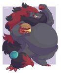 2019 belly belly_overhang big_belly black_hair blue_eyes burger colored colored_nails eating_food feral food food_stains fur grey_body grey_fur hair hi_res male nails nintendo obese obese_feral obese_male overweight overweight_feral overweight_male pok&eacute;mon pok&eacute;mon_(species) red_hair red_nails shoutmilo simple_background solo stain thick_thighs video_games weight_gain zoroark 