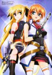  2girls absurdres ass black_legwear black_leotard blonde_hair blue_eyes blush breasts eyebrows_visible_through_hair fate_testarossa gun hair_ornament hair_ribbon highres large_breasts leotard long_hair looking_at_another looking_back lyrical_nanoha mahou_shoujo_lyrical_nanoha_strikers medium_breasts multiple_girls official_art okuda_yasuhiro open_mouth orange_hair parted_lips red_eyes ribbon shiny shiny_hair smile sword teana_lanster thighhighs twintails weapon white_legwear 