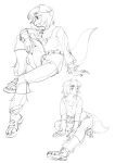  2021 absurd_res anthro aruurara bangs belt bottomwear canid canine canis chest_tuft clothed clothing domestic_dog female fluffy footwear hi_res line_art mammal monochrome raised_leg shirt shoes shorts sitting sketch smile solo textless toeless_footwear toeless_shoes topwear tuft 