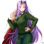  1girl breasts cosplay cowboy_shot eyebrows_visible_through_hair eyes_visible_through_hair facial_mark fate/grand_order fate_(series) flying_sweatdrops forehead_mark green_pants green_shirt large_breasts long_hair necktie pants pink_eyes pink_hair rider shirt signature solo stole striped striped_neckwear very_long_hair waver_velvet waver_velvet_(cosplay) zyunya 