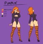  1girl breasts cleavage curvy english_text halloween highres large_breasts looking_at_viewer nortuet orange_hair original pose pumpkin_(nortuet) red_eyes revealing_clothes short_hair simple_background smile solo wide_hips 