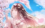  brown_eyes brown_hair cherry_blossoms close clouds curcumin flowers long_hair original petals school_uniform signed sky spring tree 