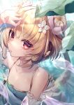  1girl andira_(granblue_fantasy) animal_ears arm_up azalea4 bangs bare_shoulders blonde_hair blue_swimsuit casual_one-piece_swimsuit commentary_request double_bun eyebrows_visible_through_hair flower glint granblue_fantasy hair_between_eyes hair_flower hair_ornament highres looking_at_viewer monkey_ears monkey_girl monkey_tail one-piece_swimsuit red_eyes revision see-through solo swimsuit tail twitter_username upper_body water_drop white_flower 